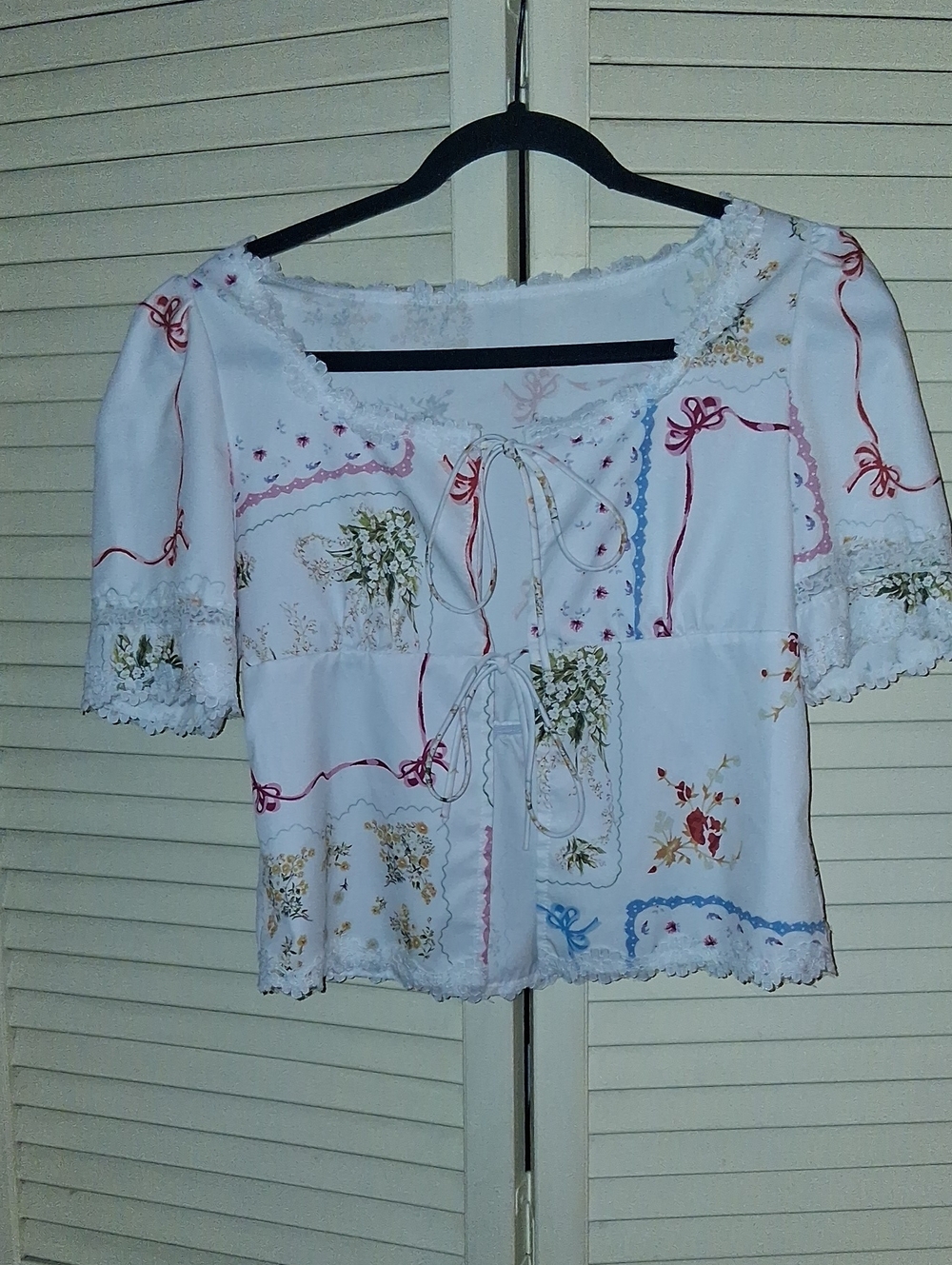 White Floral Tie-Front Peasant Top